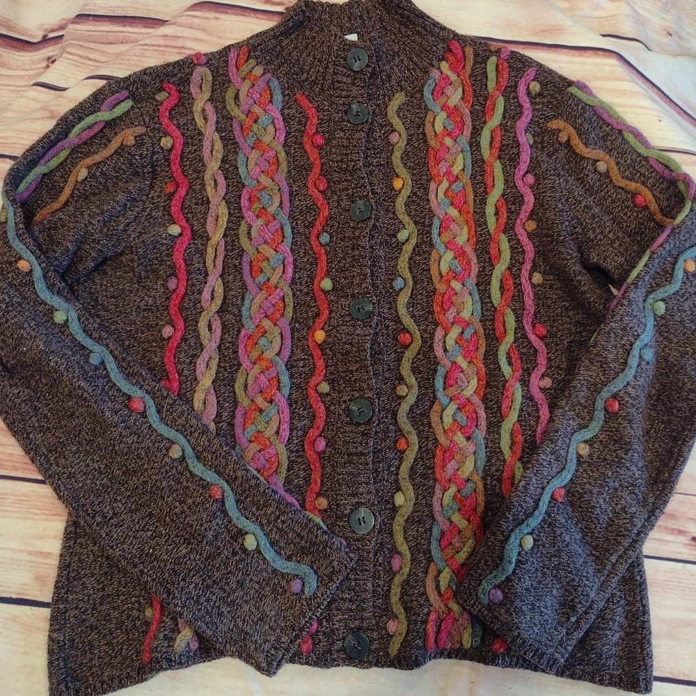 Talbots Cardigan Sweater Button Down Med Women's Brown Braids Wool Blend.